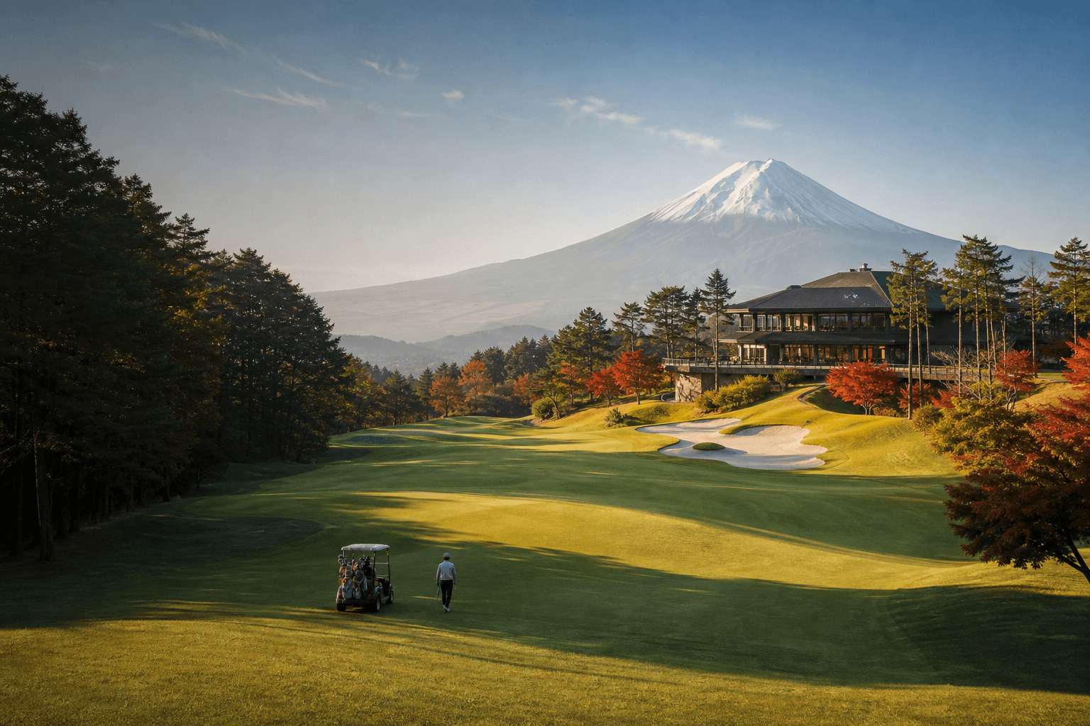 Golf course in Japan with Mount Fuji in the distance